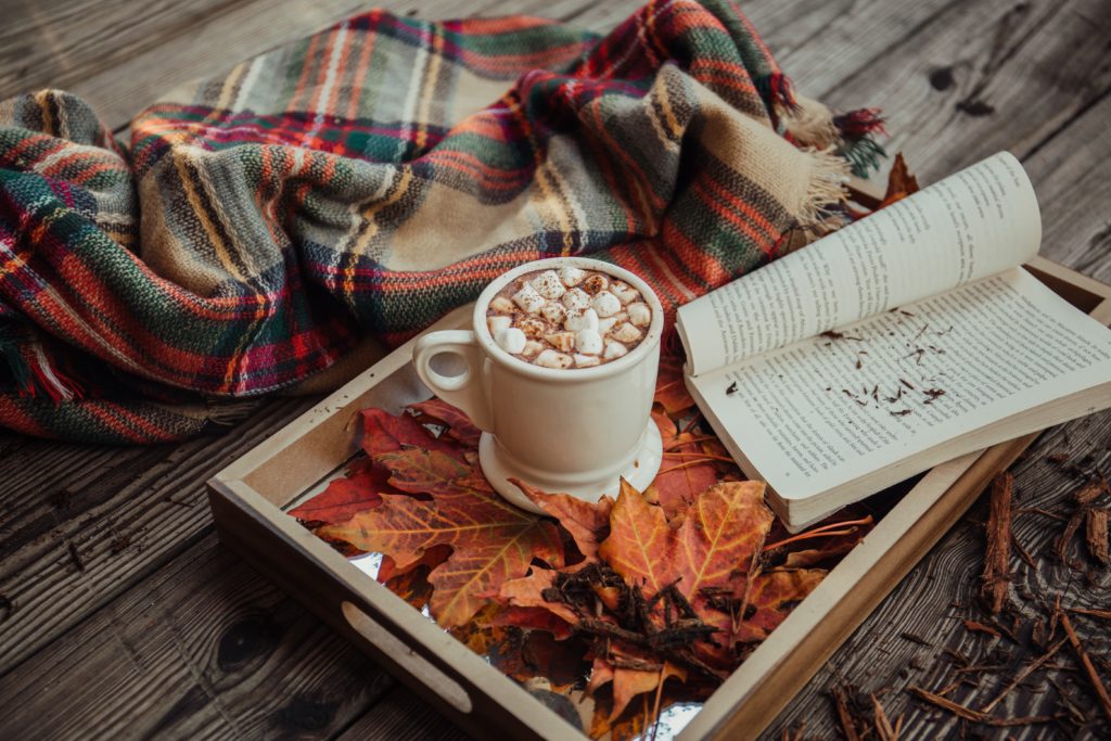 Ein Tablett mit bunten Herbstbl&auml;ttern, einer Tasse hei&szlig;er Schokolade und einem Buch ist neben einer Kuscheldecke auf dem Boden abgebildet.